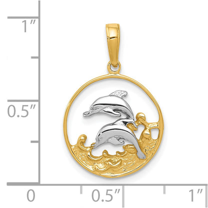 10K and White Rhodium Double Dolphins in Circle Charm