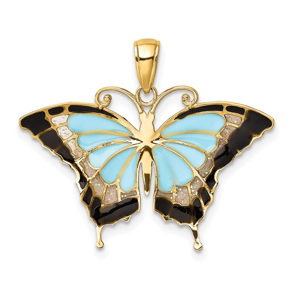 10K Aqua and Black Enameled Butterfly Pendant