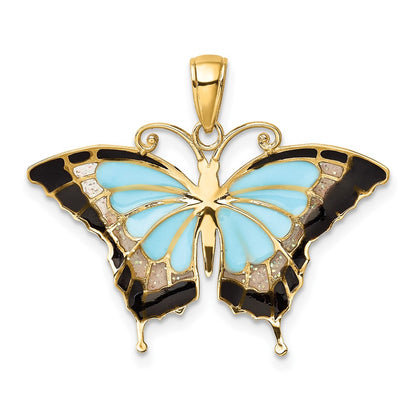 10K Aqua and Black Enameled Butterfly Pendant