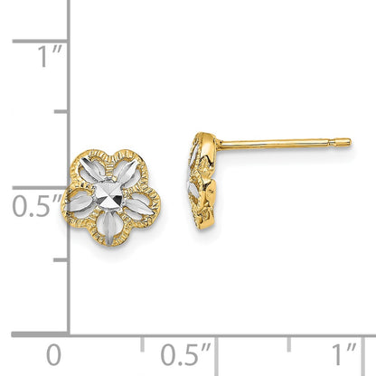 10K and White Rhodium Diamond-cut Flower Post Earrings