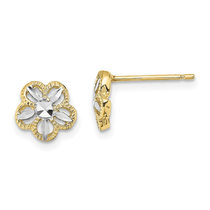 10K and White Rhodium Diamond-cut Flower Post Earrings