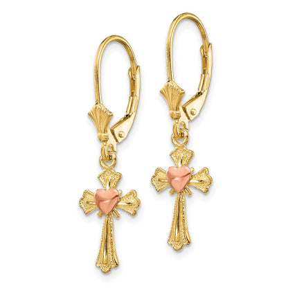 10K Two-tone Heart on Cross Dangle Leverback Earrings