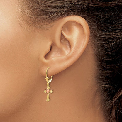 10K Two-tone Heart on Cross Dangle Leverback Earrings