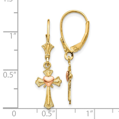 10K Two-tone Heart on Cross Dangle Leverback Earrings