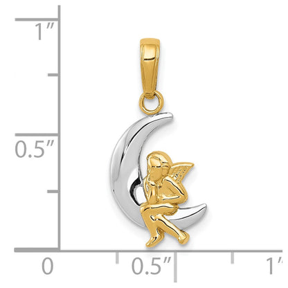 10k and White Rhodium Polished Moon with Angel Pendant