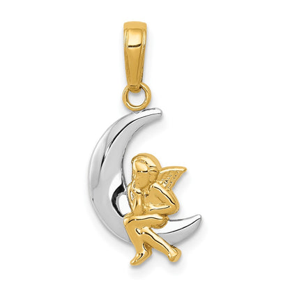 10k and White Rhodium Polished Moon with Angel Pendant
