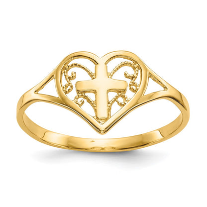 10k Polished Cross in Heart Ring