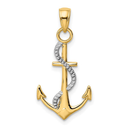 10K and White Rhodium Polished Anchor with Rope Pendant