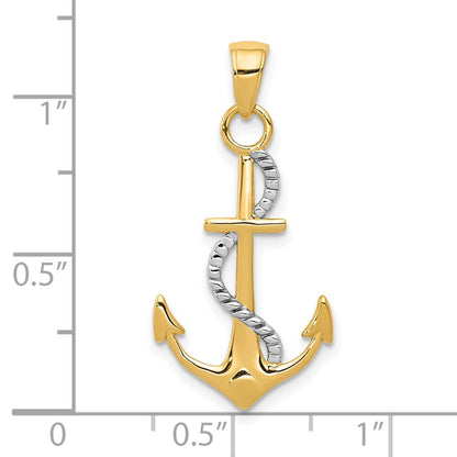 10K and White Rhodium Polished Anchor with Rope Pendant