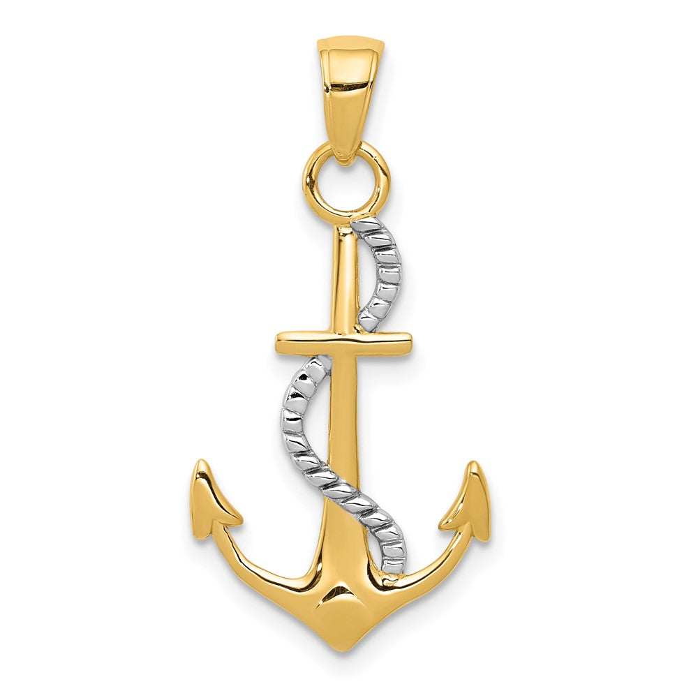 10K and White Rhodium Polished Anchor with Rope Pendant