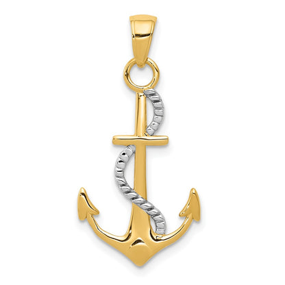 10K and White Rhodium Polished Anchor with Rope Pendant