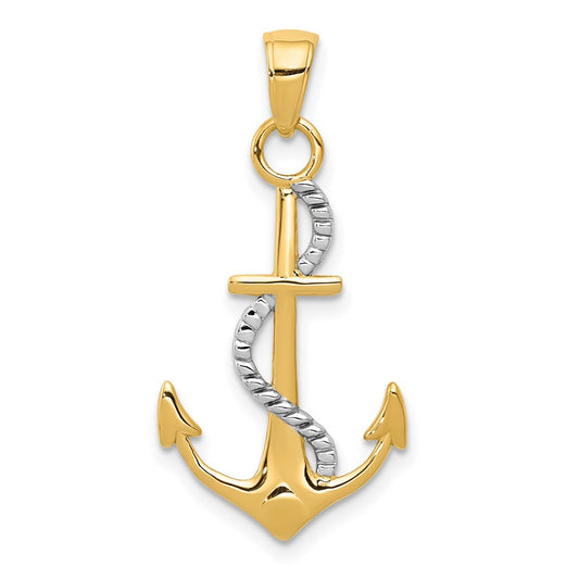 10K and White Rhodium Polished Anchor with Rope Pendant