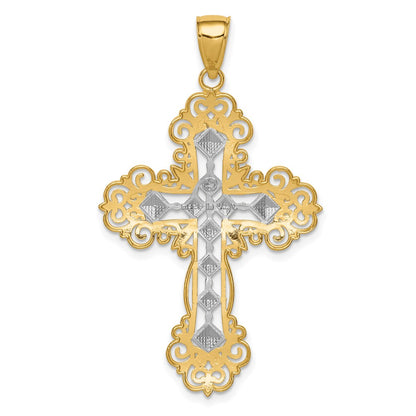 10K and White Rhodium Polished Textured Diamond Pattern Cross Pendant