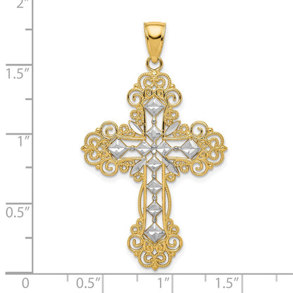 10K and White Rhodium Polished Textured Diamond Pattern Cross Pendant