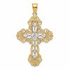 10K & Rhodium Polished & Textured Diamond Pattern Cross Pendant