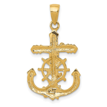 10K Polished Textured 2-D Mariners Crucifix Rope and Wheel Pendant