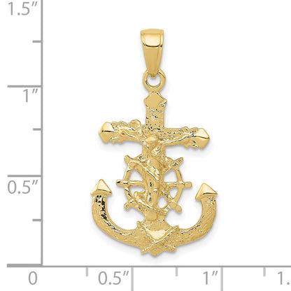 10K Polished Textured 2-D Mariners Crucifix Rope and Wheel Pendant