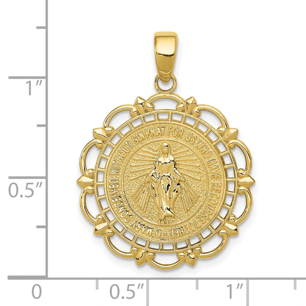 10K Polished Round Miraculous Medal With Scalloped Frame Pendant