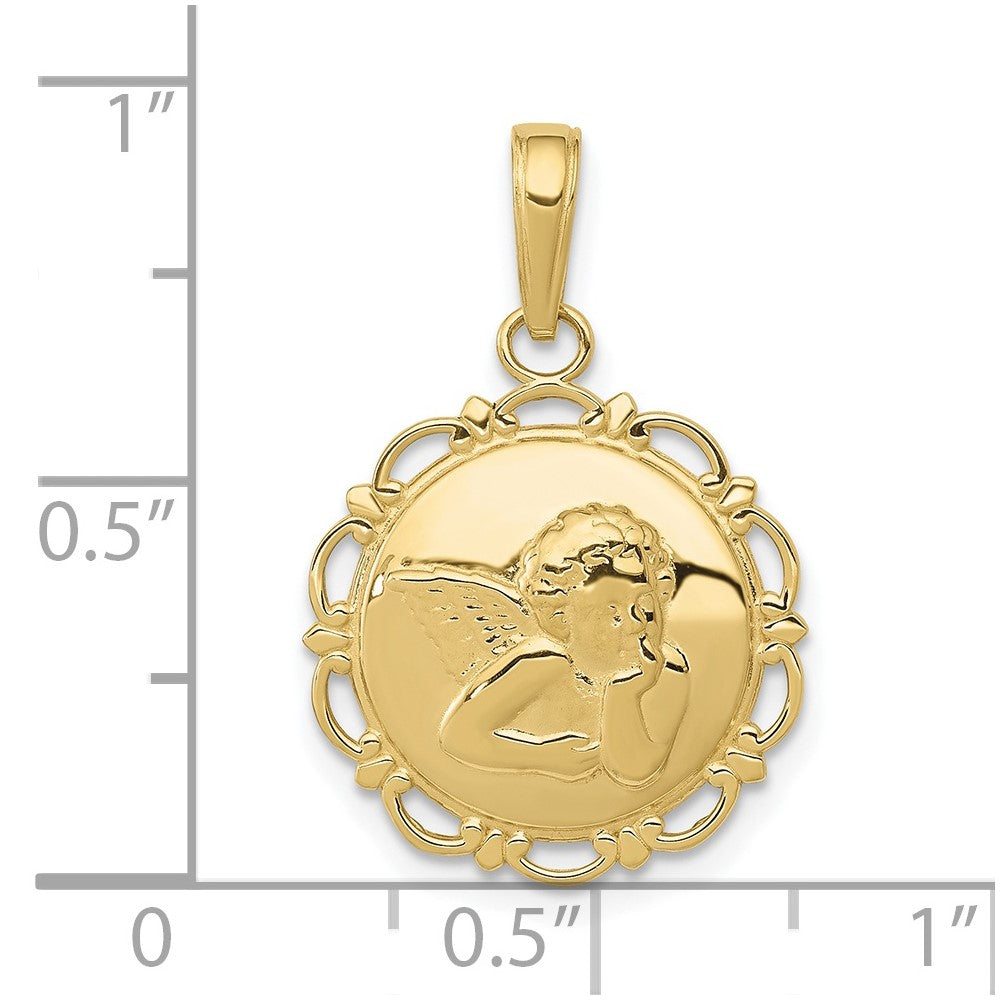 10K Polished Angel/Cherub on Round Scalloped Frame Pendant