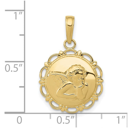 10K Polished Angel/Cherub on Round Scalloped Frame Pendant
