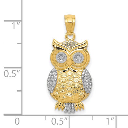 10K and White Rhodium Polished and Textured Owl Pendant