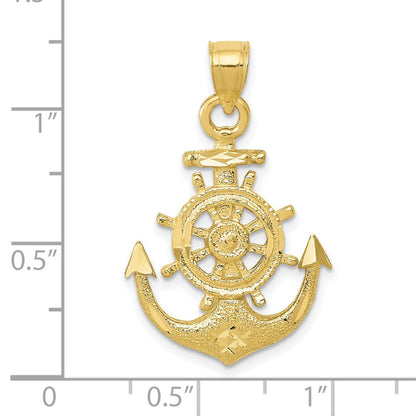 10k Satin Diamond-cut Anchor with Ships Wheel Pendant