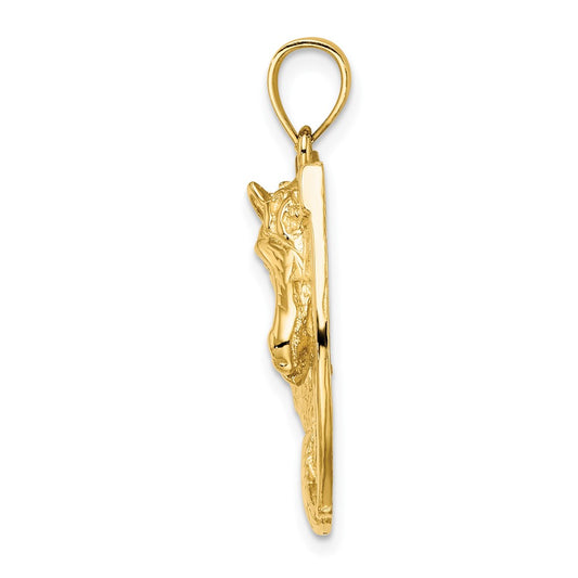 10K Large Polished and Textured Horse Head In Horseshoe Pendant