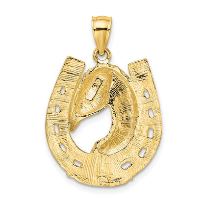 10K Large Polished and Textured Horse Head In Horseshoe Pendant