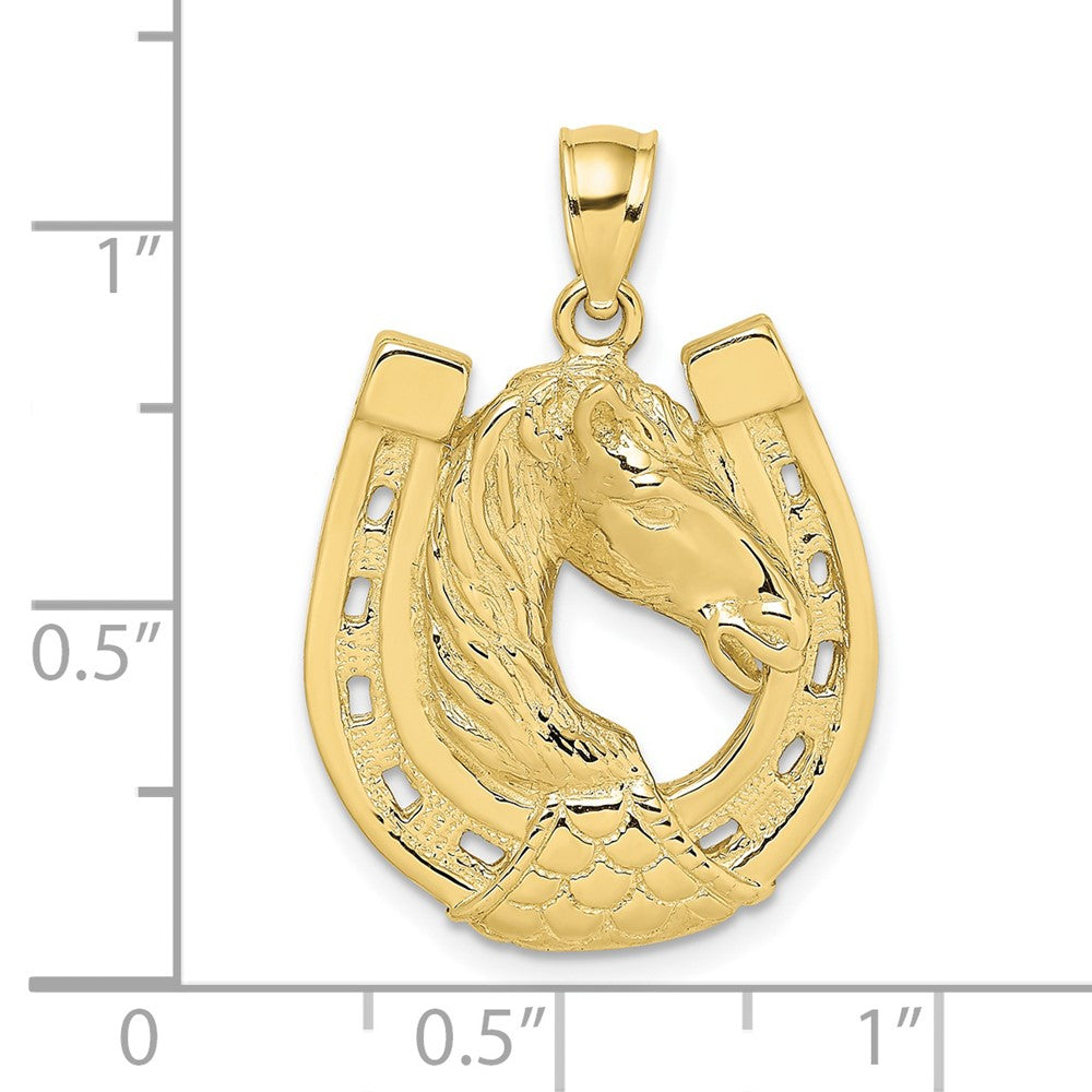 10K Large Polished and Textured Horse Head In Horseshoe Pendant