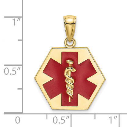10k Red Enameled Medical Symbol 16x18mm Hexagon Disc Pendant