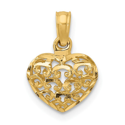 10K 3-D Diamond-cut Mini Puffed Filigree Heart Charm