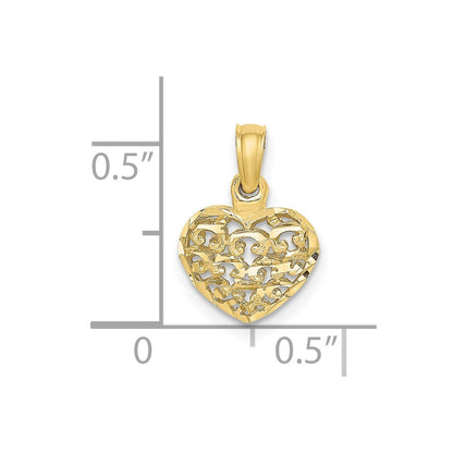 10K 3-D Diamond-cut Mini Puffed Filigree Heart Charm