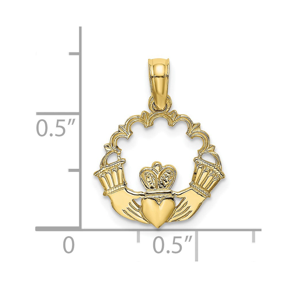 10K Engraved Claddagh In Scalloped Circle Charm