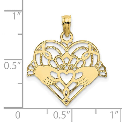 10K Polished and Beaded Claddagh In Heart Charm