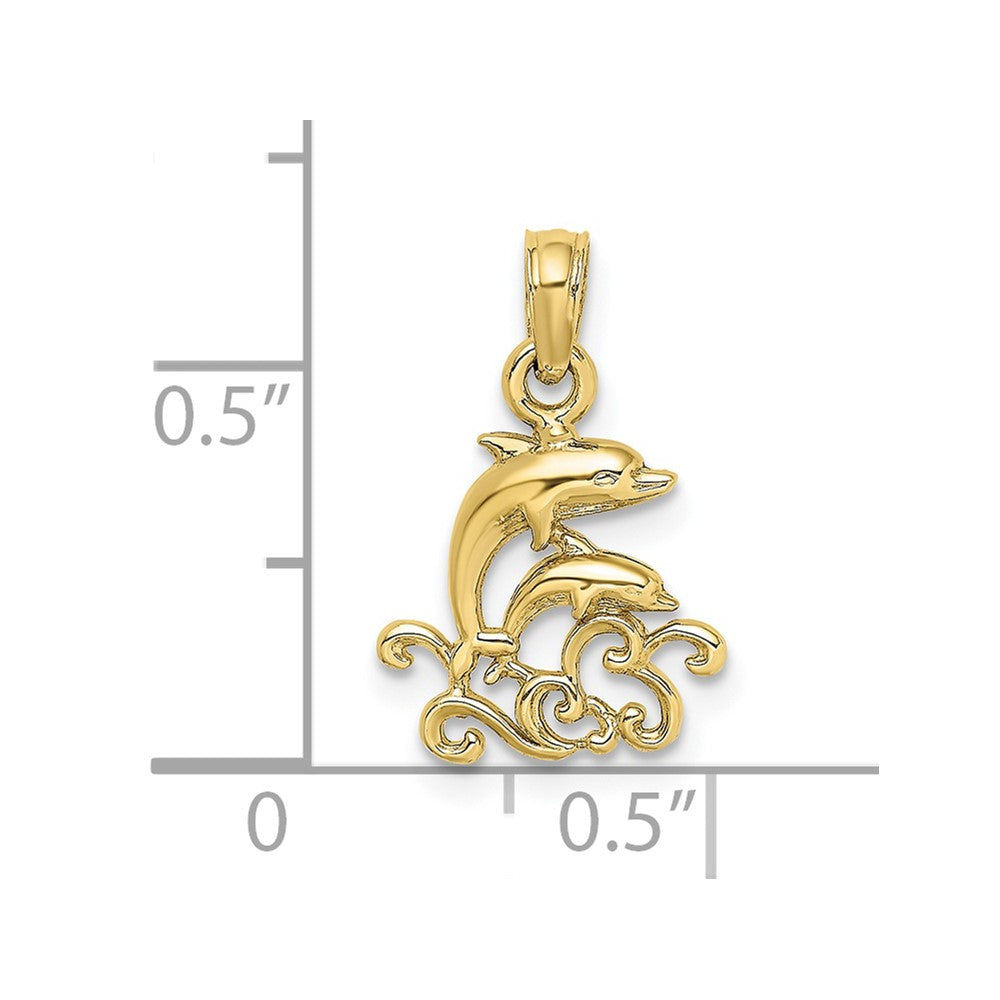 10K Textured Mini Double Dolphins and Waves Charm