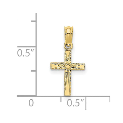 10K Polished and Etched Mini Cross with Flower Charm