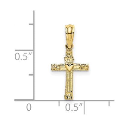 10K Textured Mini Cross with Heart Center Charm