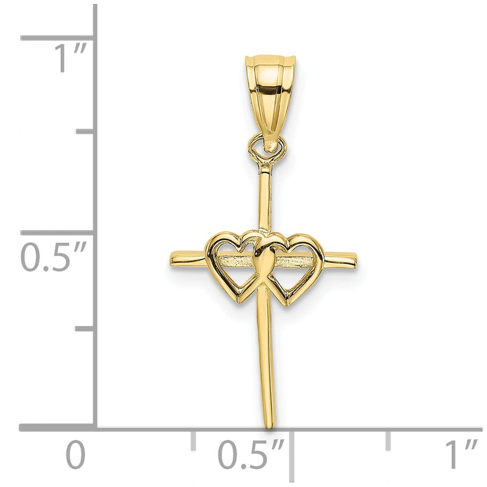 10K Polished Double Hearts On Stick Cross Charm