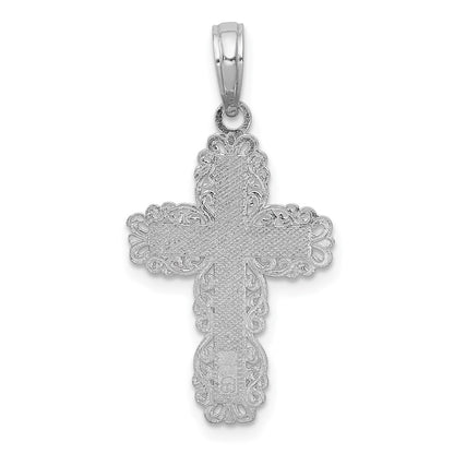 10K White Gold Textured with Lace Trim Cross Charm
