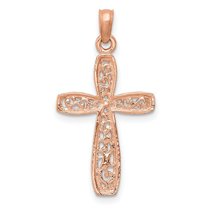 10K Rose with White Rhodium Filigree Center Cross Charm