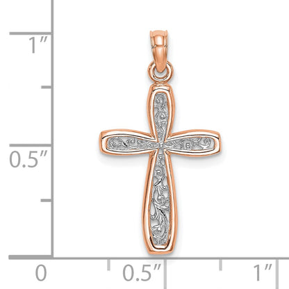 10K Rose with White Rhodium Filigree Center Cross Charm
