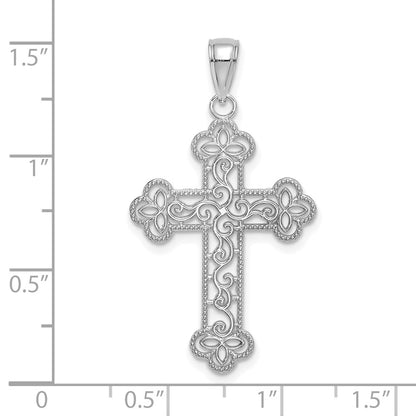 10K White Gold Large Textured  Beaded Edge Cross Charm