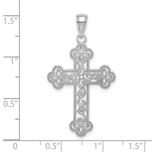 10K White Gold Large Textured  Beaded Edge Cross Charm