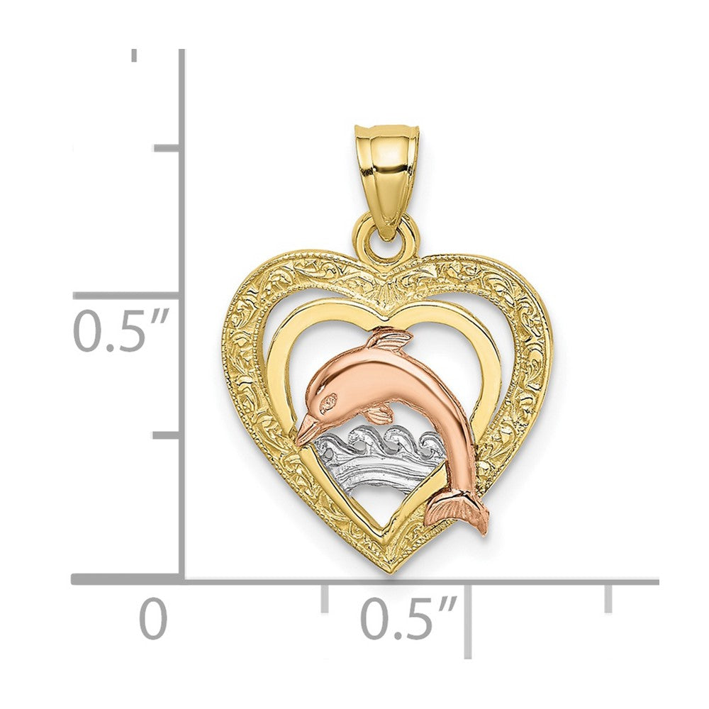 10K Two-tone and White Rhodium Dolphin In Heart Charm