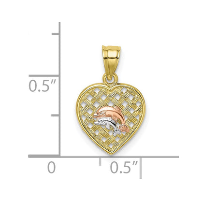 10K Two-tone and White Rhodium Double Dolphins On Woven Heart Charm