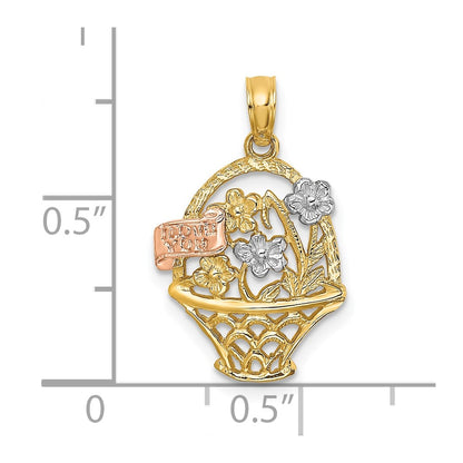 10k Two-Tone and White Rhodium Flower Basket with I LOVE YOU Flag Charm