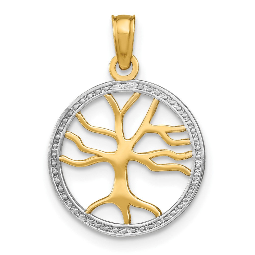 10K and White Rhodium Tree Of Life In Round Frame Charm