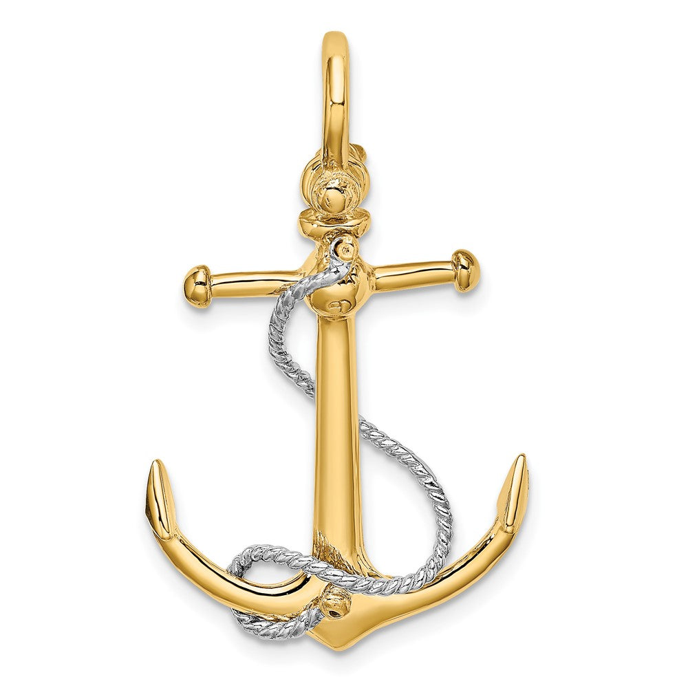 10K Two-tone Large 3-D Anchor with Long T-Bar and Rope with Shackle Bail Pendant