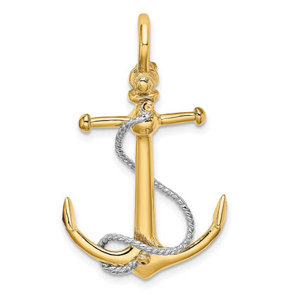 10K Two-tone Large 3-D Anchor with Long T-Bar and Rope with Shackle Bail Pendant