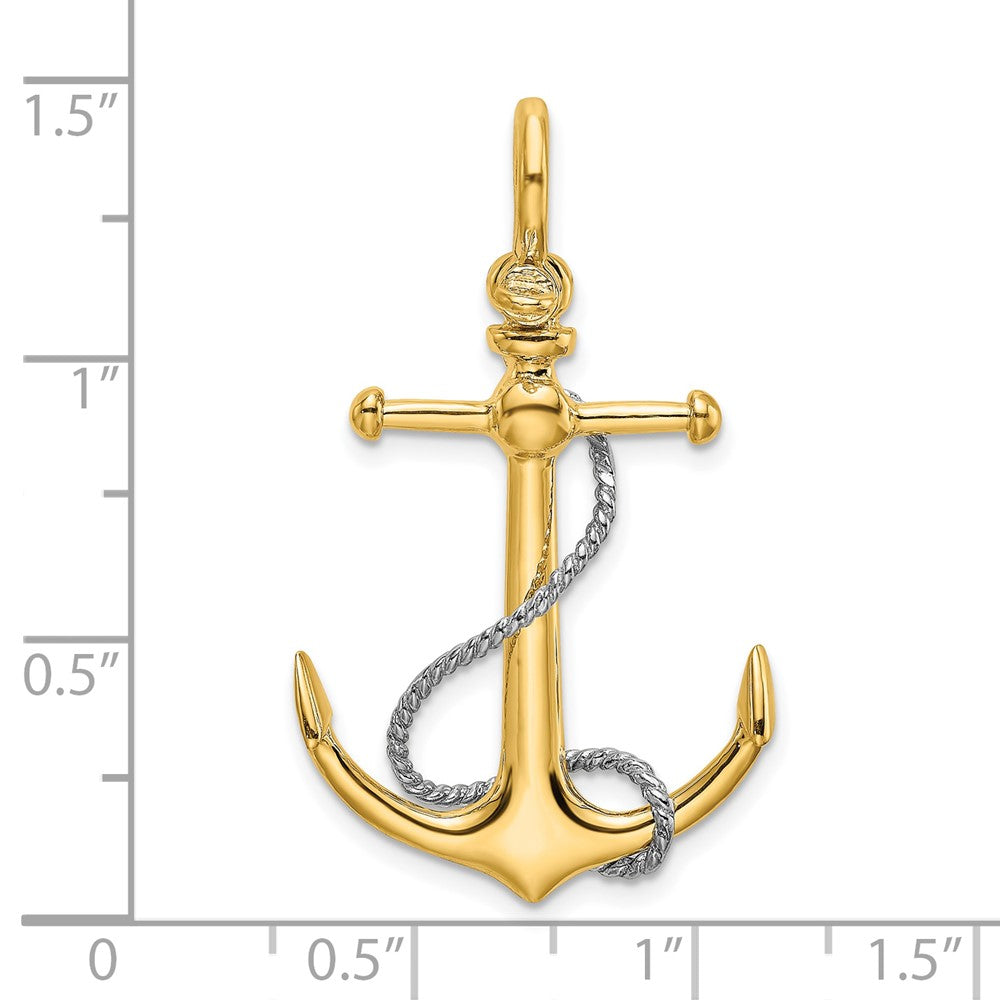 10K Two-tone Large 3-D Anchor with Long T-Bar and Rope with Shackle Bail Pendant